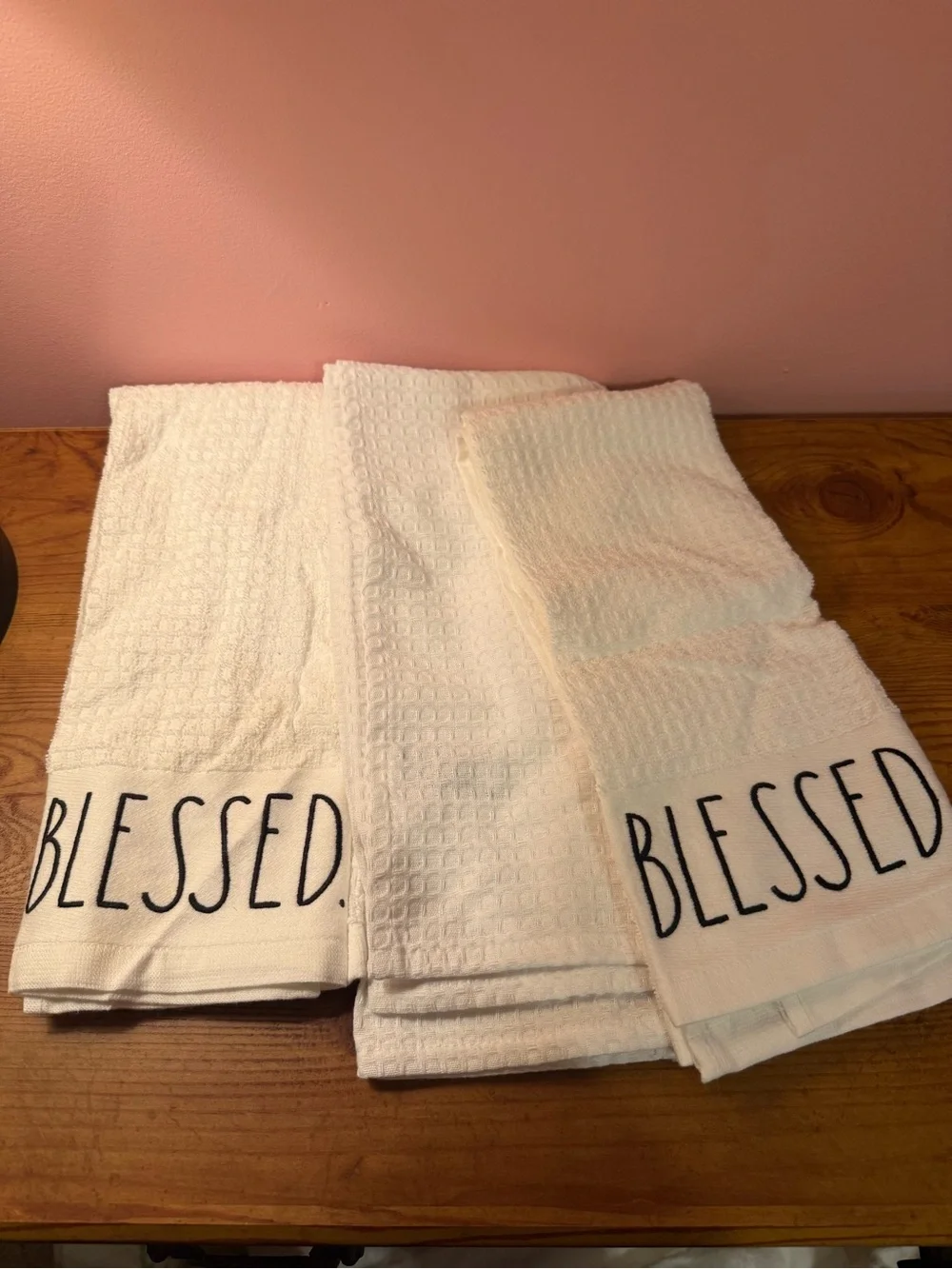 Rae Dunn. “BLESSED.” White Waffle Weave Kitchen Towels - Set of 3